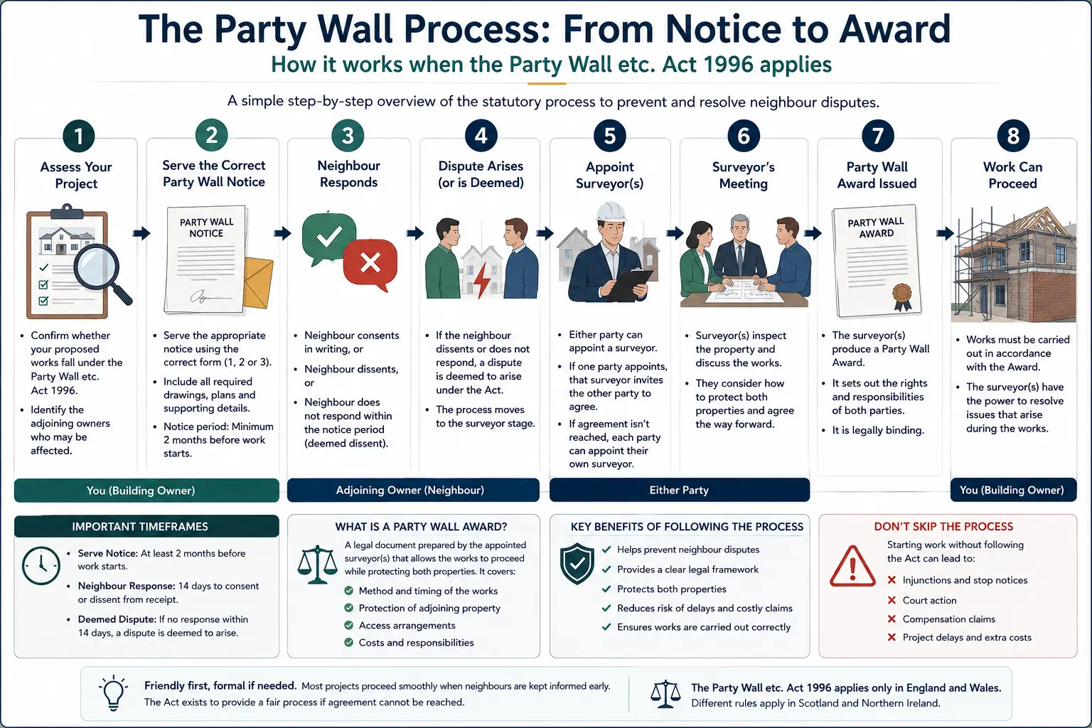 Do I Need a Party Wall Agreement? An infographic showing the party wall process from notice to award in a very interactive way for the citizens living in Manchester, UK