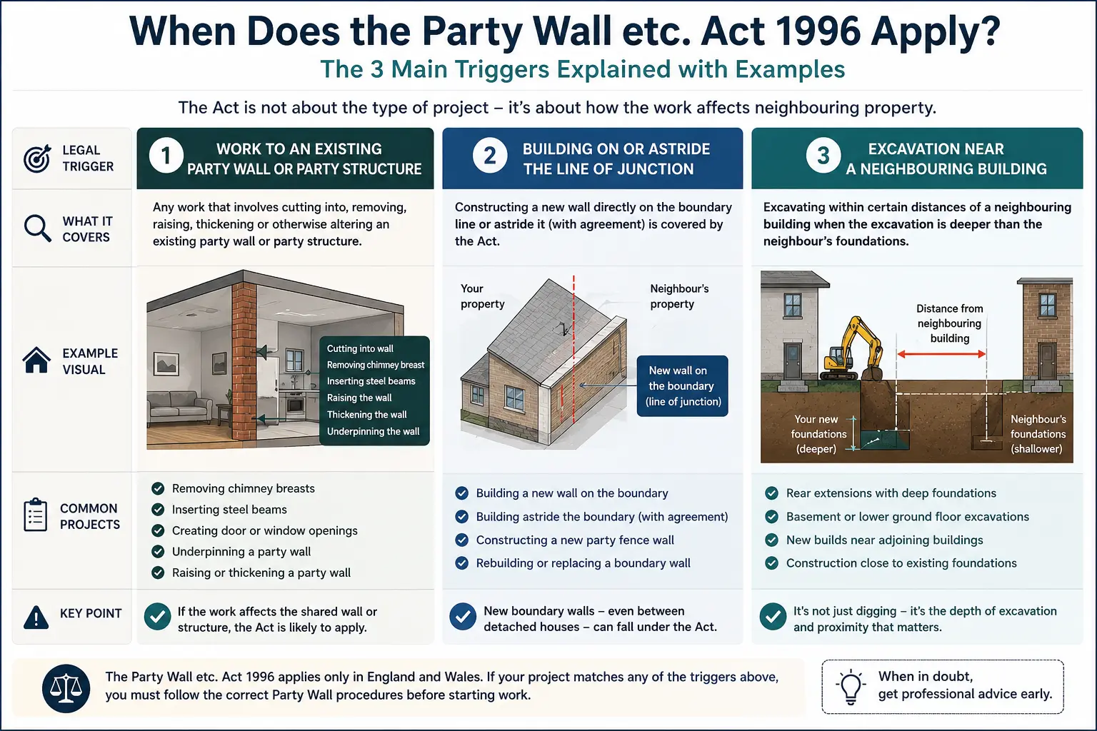 Do I Need a Party Wall Agreement? An infographic showing when does the party wall etc act 1996 apply like excavation, junction, painting, in Manchester, UK